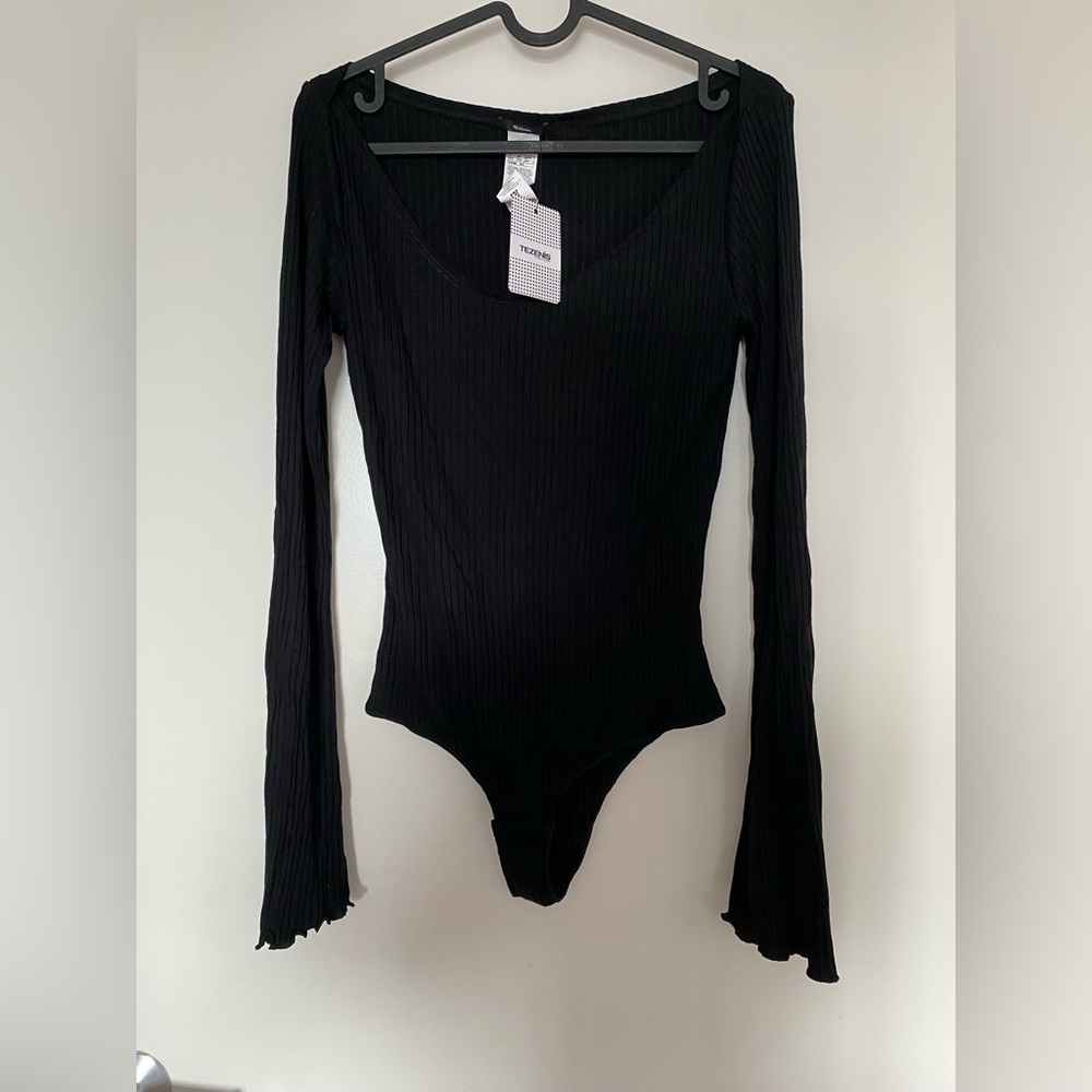 NWT Tezenis Black Ribbed Long Sleeve Bodysuit Thong Back Size S/M